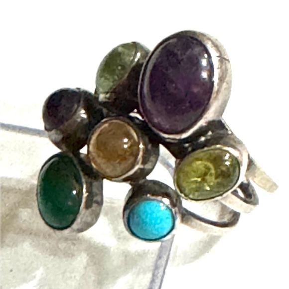 Signed - Gilo & Grace Nakai, Navajo. Vintage Multi Stone Sterling Cluster Ring - Picture 9 of 14